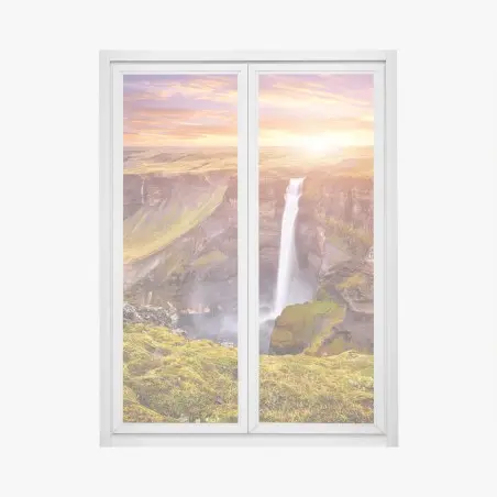 Adesivo per finestra tramonto su Haifoss, cascata maestosa dell'Islanda • Wallissimo®