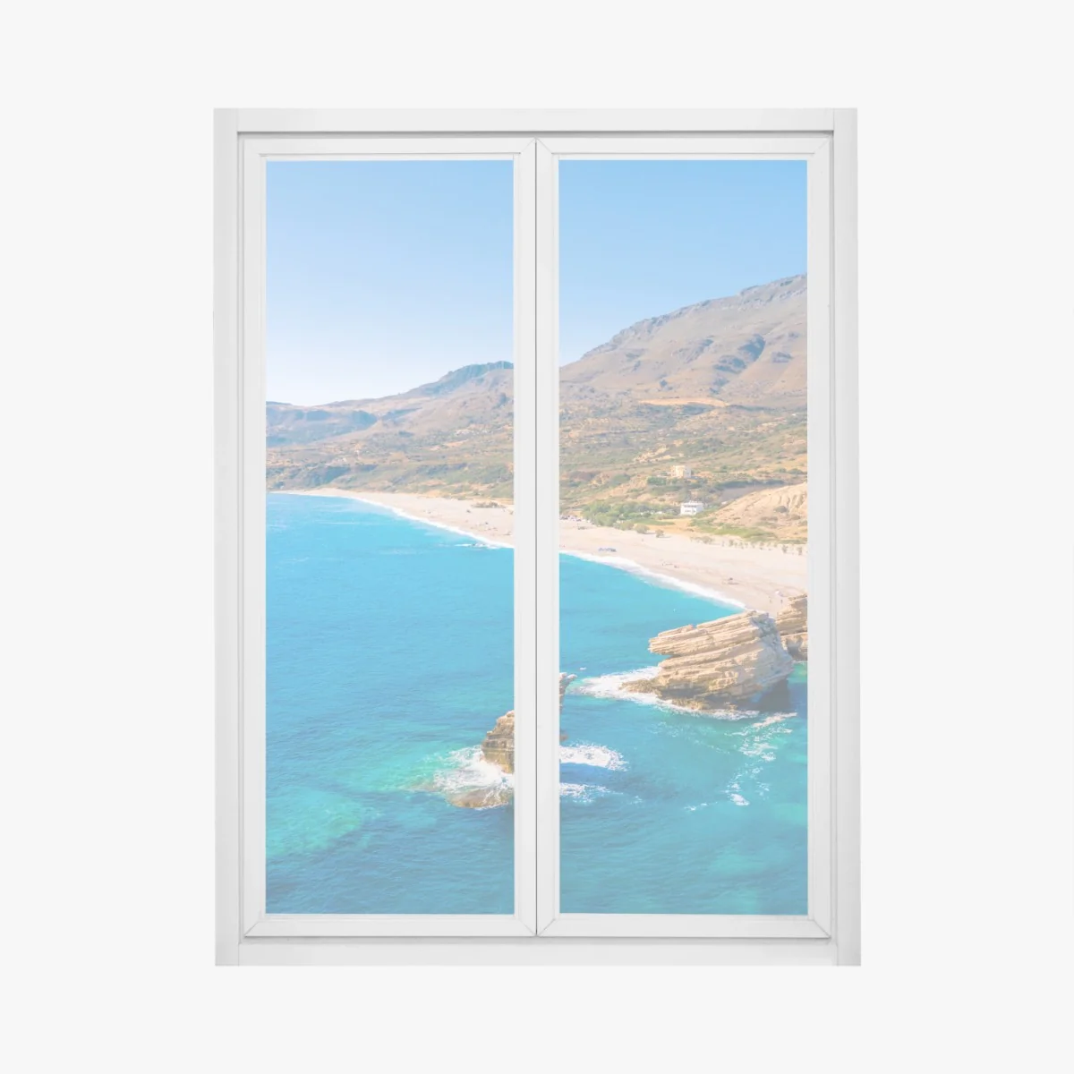 Adesivo per finestra panorama costiero turchese con scogli e spiaggia • Wallissimo® Adesivo per finestra panorama costiero turchese con scogli e spiaggia • Wallissimo®