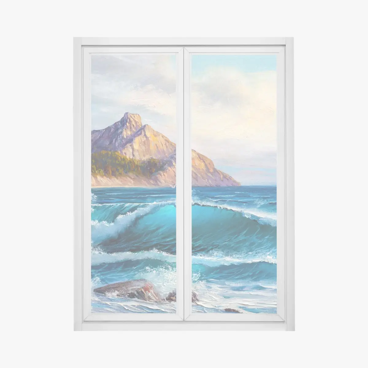 Adesivo per finestra onda turchese sulle scogliere al tramonto • Wallissimo®
