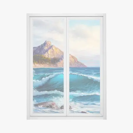 Adesivo per finestra onda turchese sulle scogliere al tramonto • Wallissimo®