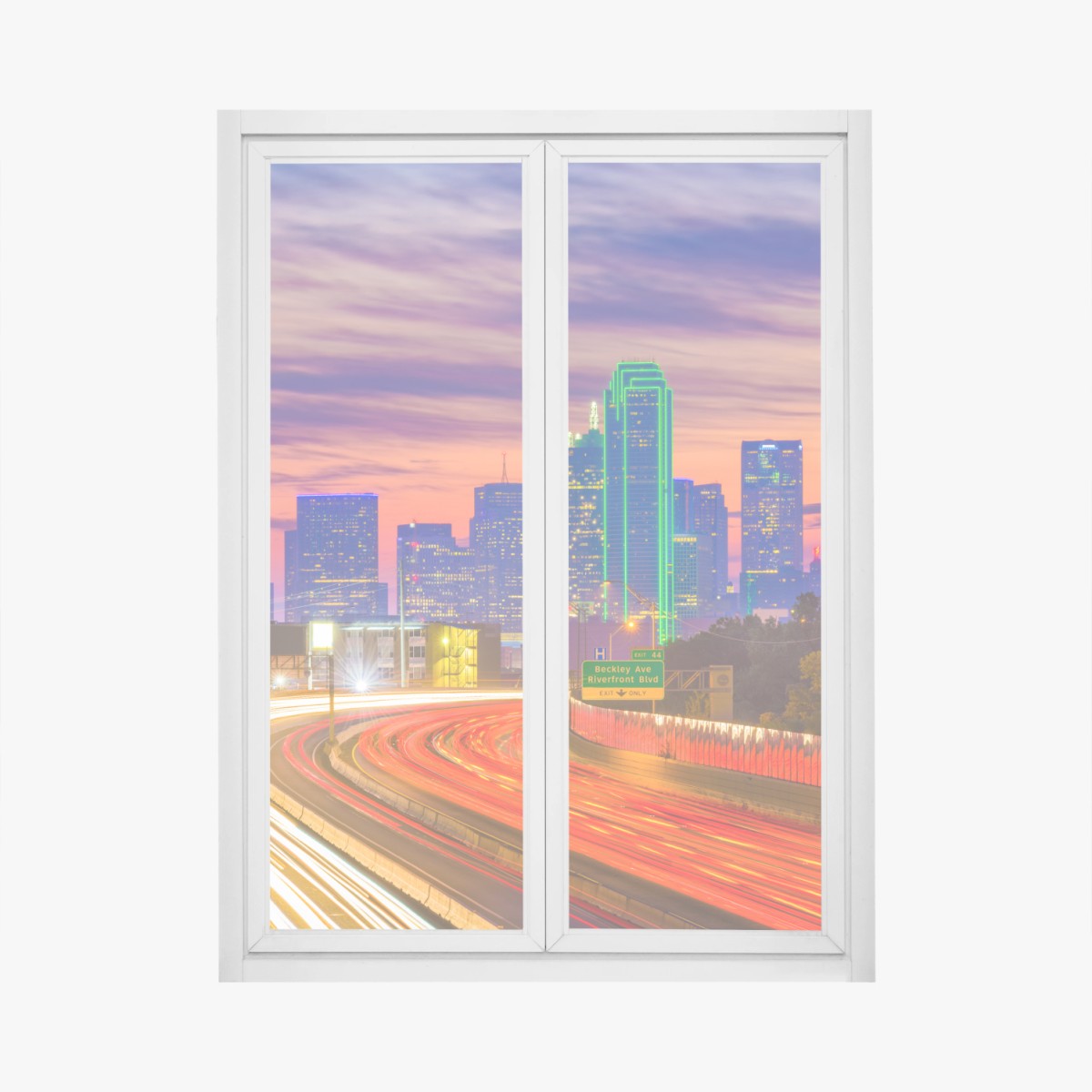 Adesivo per finestra tramonto su Dallas: skyline e scie di luce • Wallissimo®
