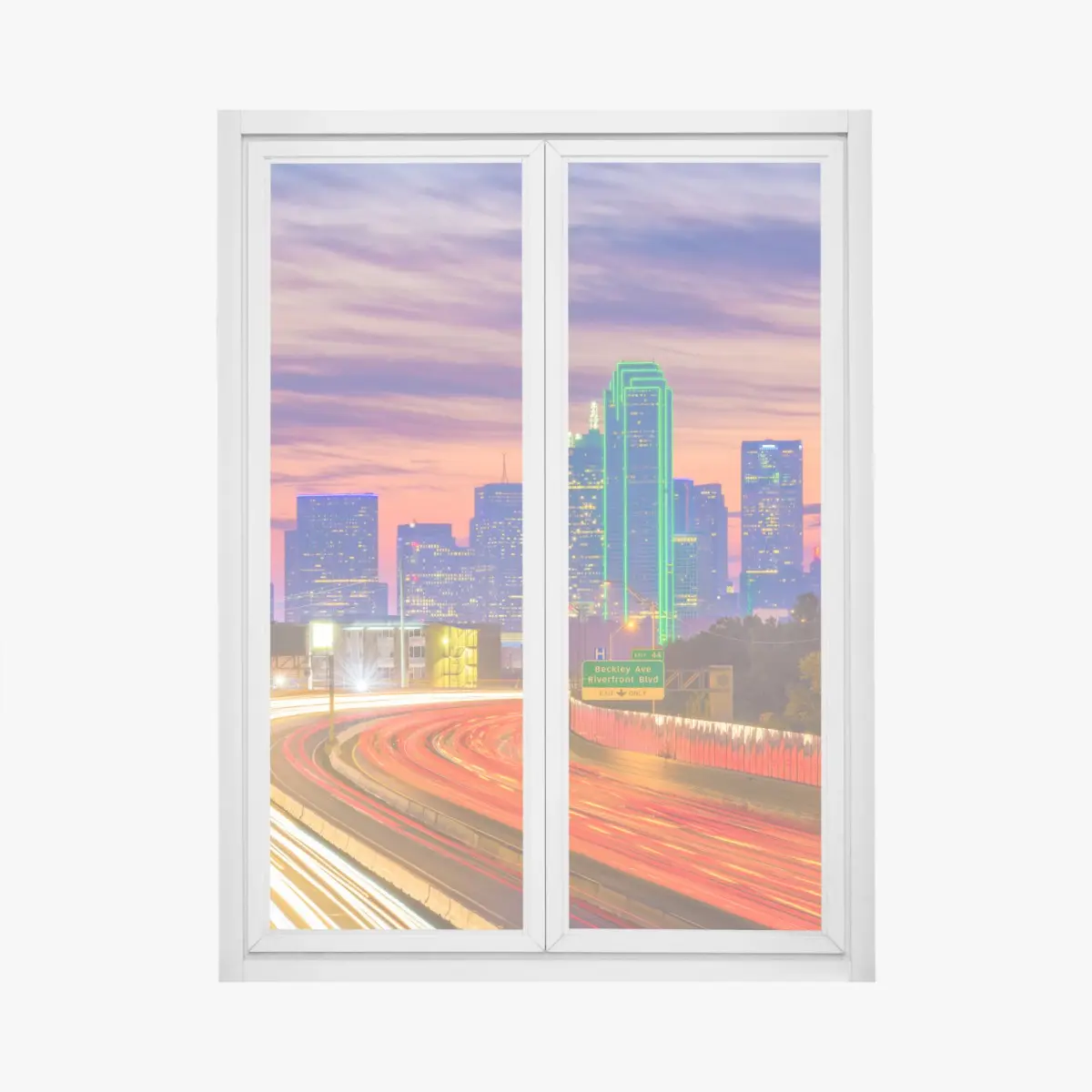 Adesivo per finestra tramonto su Dallas: skyline e scie di luce • Wallissimo®