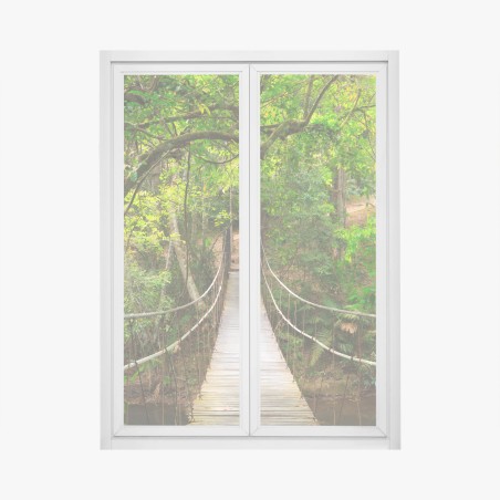 Adesivo per finestra ponte sospeso nella foresta lussureggiante • Wallissimo®