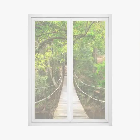 Adesivo per finestra ponte sospeso nella foresta lussureggiante • Wallissimo®