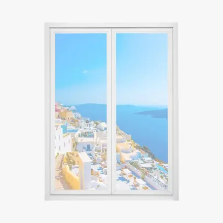 Adesivo per finestra vista panoramica di Santorini sul mare • Wallissimo®