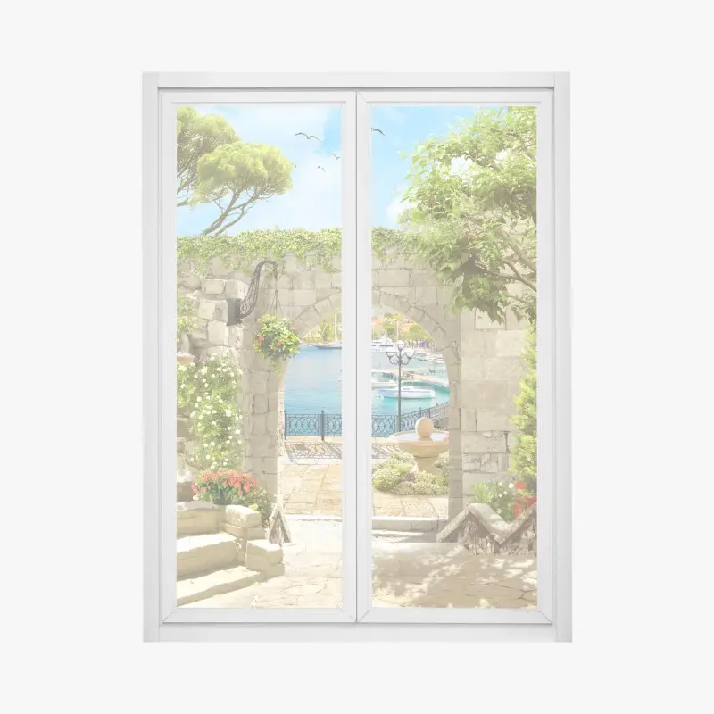 Adesivo per finestra vista sul porto attraverso l'arco in pietra