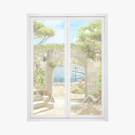 Adesivo per finestra vista sul porto attraverso l'arco in pietra • Wallissimo®