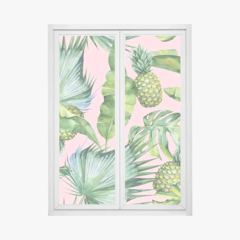 Adesivo per finestra motivo tropicale acquerello con ananas su sfondo rosa
