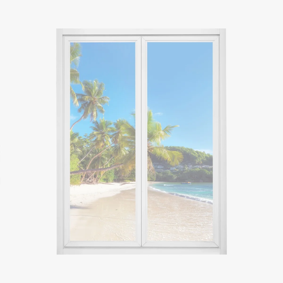 Adesivo per finestra spiaggia tropicale con palme e acque turchesi • Wallissimo® Adesivo per finestra spiaggia tropicale con palme e acque turchesi • Wallissimo®