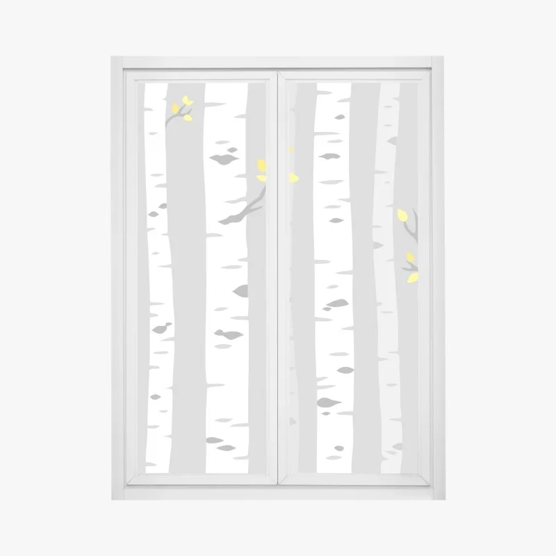 Adesivo per finestra foresta di betulle minimal con foglie gialle