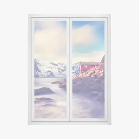 Adesivo per finestra rifugio rosso sul fiordo innevato • Wallissimo®