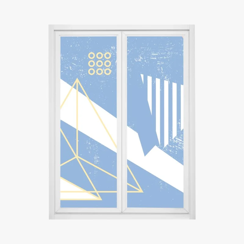 Adesivo per finestra composizione geometrica blu e gialla in stile Memphis