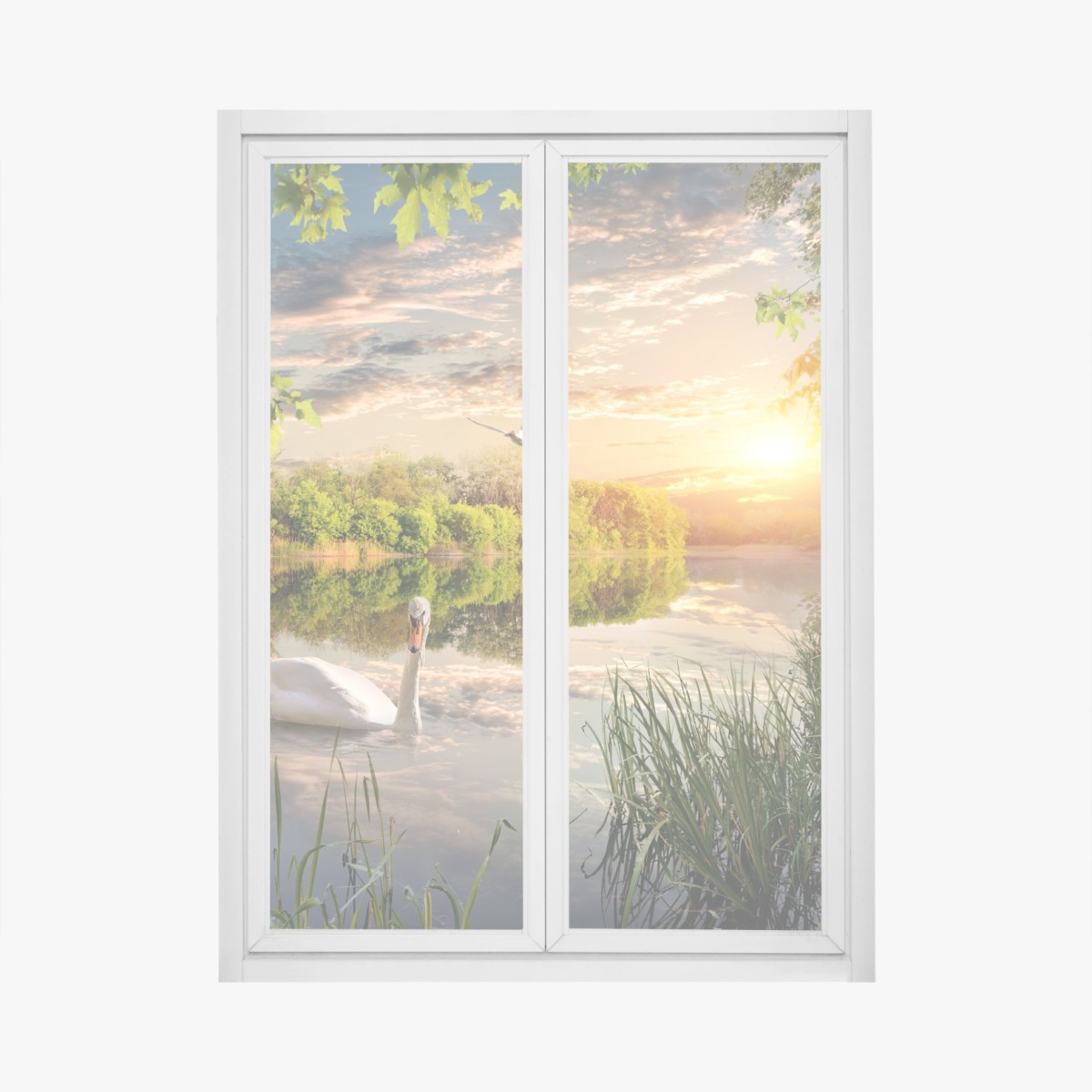 Adesivo per finestra tramonto sul lago con cigno e riflessi • Wallissimo®