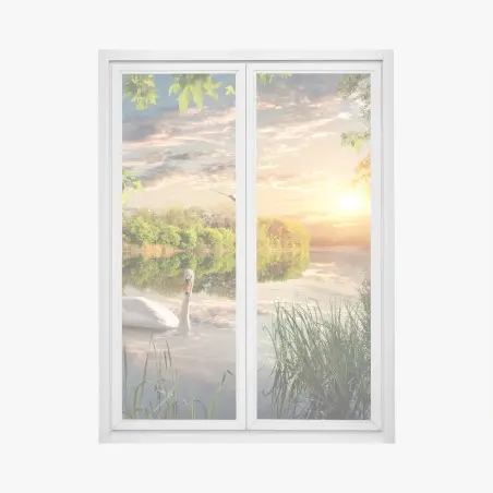 Adesivo per finestra tramonto sul lago con cigno e riflessi • Wallissimo®