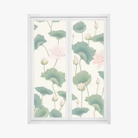 Adesivo per finestra motivo di fiori di loto rosa su sfondo crema • Wallissimo®