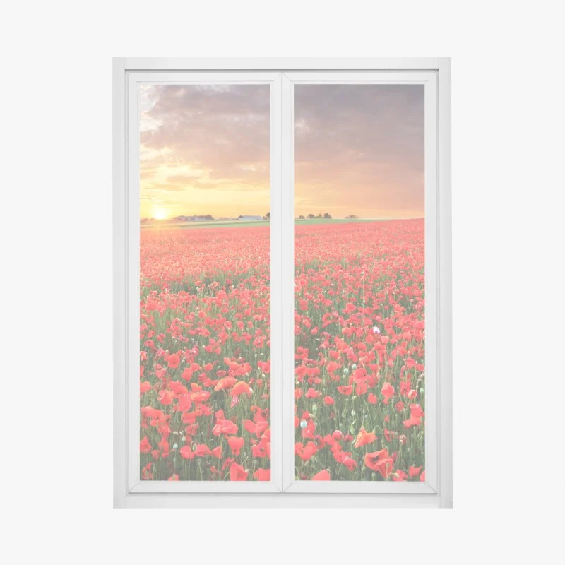 Adesivo per finestra tramonto sul campo di papaveri