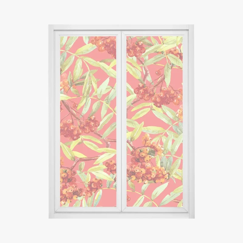Adesivo per finestra motivo botanico di bacche di sorbo su sfondo corallo