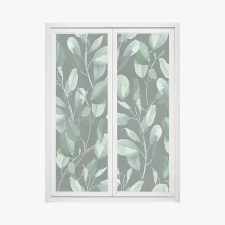 Adesivo per finestra motivo botanico di eucalipto su fondo verde scuro • Wallissimo®
