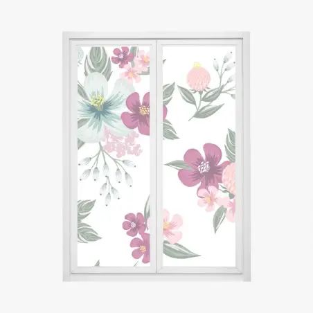 Adesivo per finestra motivo floreale elegante in toni rosa e verde • Wallissimo®