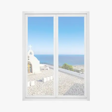 Adesivo per finestra cappella bianca con vista su Faliraki, Rodi • Wallissimo®