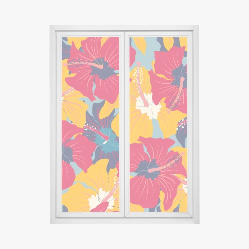 Adesivo per finestra motivo vintage tropicale di ibischi colorati • Wallissimo® Adesivo per finestra motivo vintage tropicale di ibischi colorati • Wallissimo®