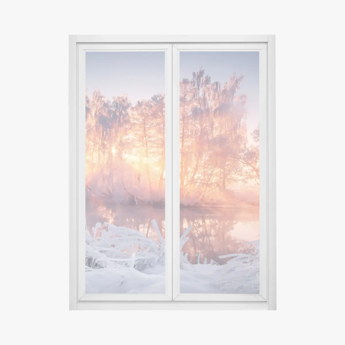 Adesivo per finestra alba invernale sulle rive ghiacciate • Wallissimo®