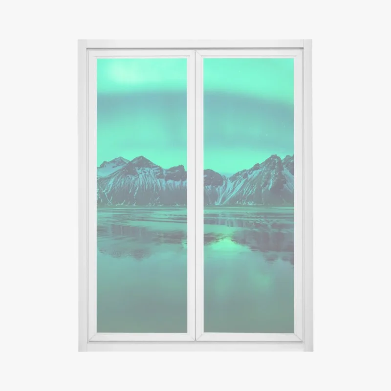 Adesivo per finestra aurora boreale su Vestrahorn sulla spiaggia nera di Stokksnes