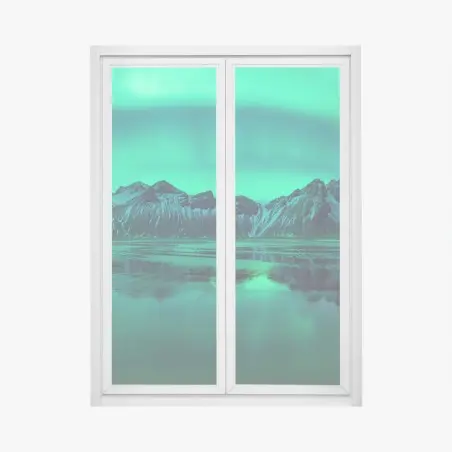 Adesivo per finestra aurora boreale su Vestrahorn sulla spiaggia nera di Stokksnes • Wallissimo®