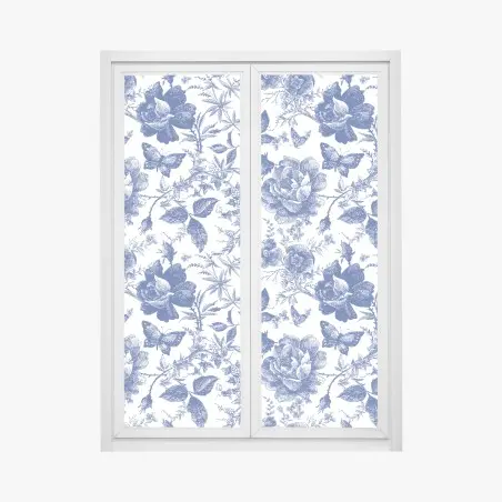 Adesivo per finestra motivo floreale blu in stile toile • Wallissimo®
