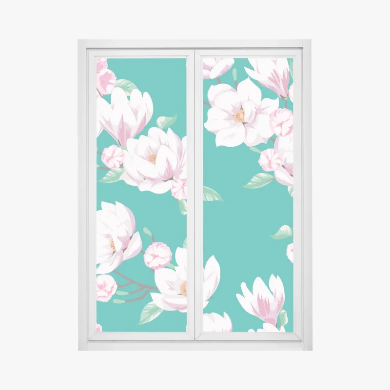 Adesivo per finestra magnolie delicate su sfondo turchese