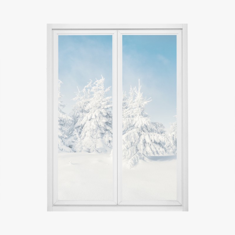 Adesivo per finestra panorama invernale di abeti innevati