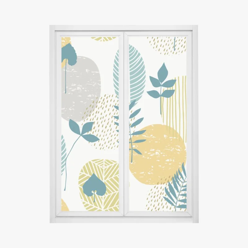Adesivo per finestra motivo botanico geometrico in toni senape e petrolio