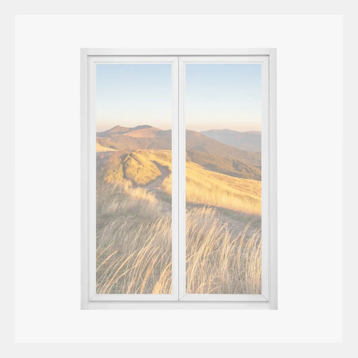Adesivo per finestra panorama montano al tramonto dorato • Wallissimo®
