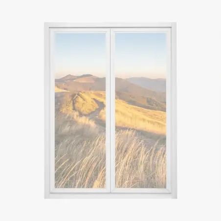 Adesivo per finestra panorama montano al tramonto dorato • Wallissimo®