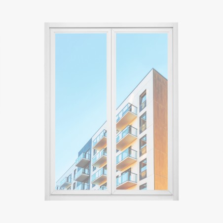 Adesivo per finestra facciata moderna con balconi su cielo azzurro • Wallissimo®