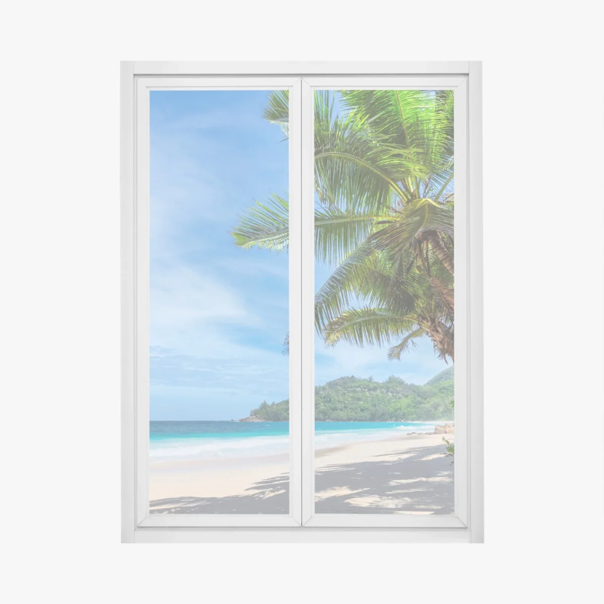 Adesivo per finestra oasi tropicale con palme e mare turchese • Wallissimo® Adesivo per finestra oasi tropicale con palme e mare turchese • Wallissimo®