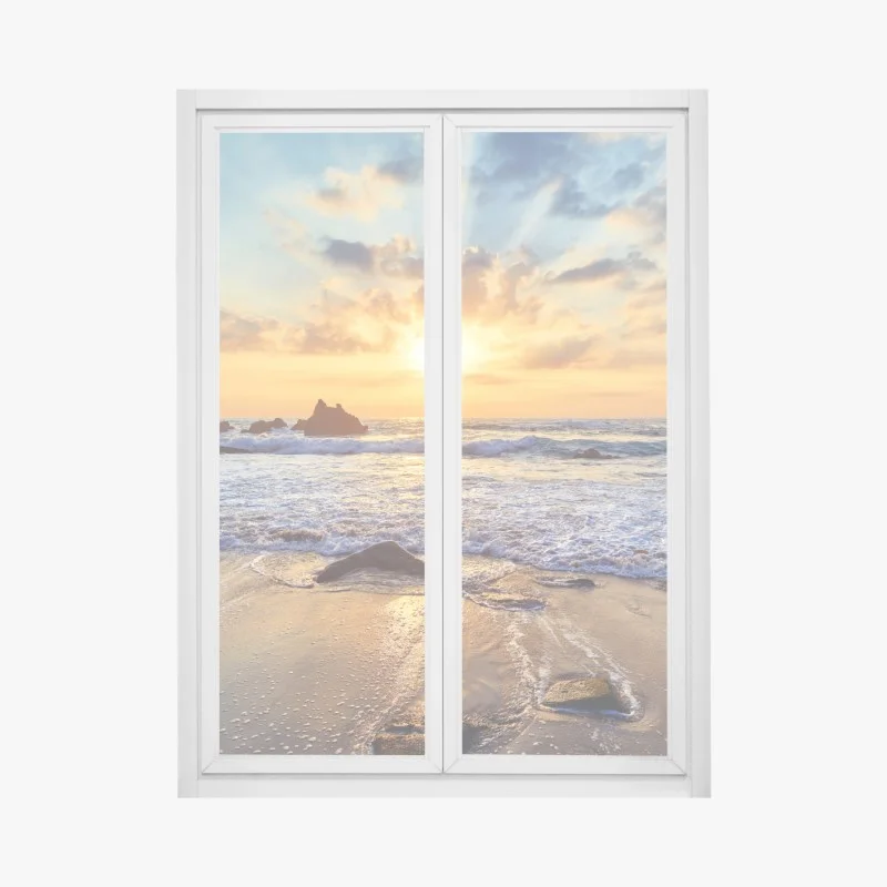 Adesivo per finestra tramonto dorato sulla costa rocciosa