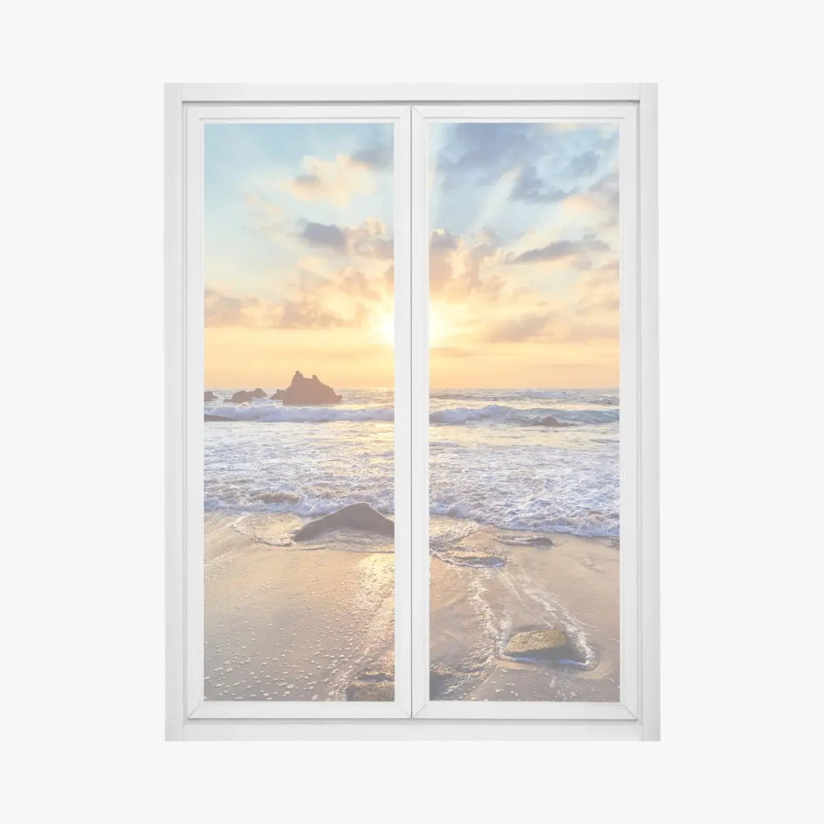 Adesivo per finestra tramonto dorato sulla costa rocciosa • Wallissimo®