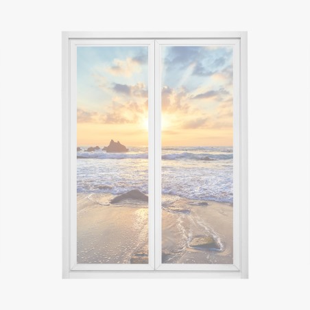 Adesivo per finestra tramonto dorato sulla costa rocciosa • Wallissimo®