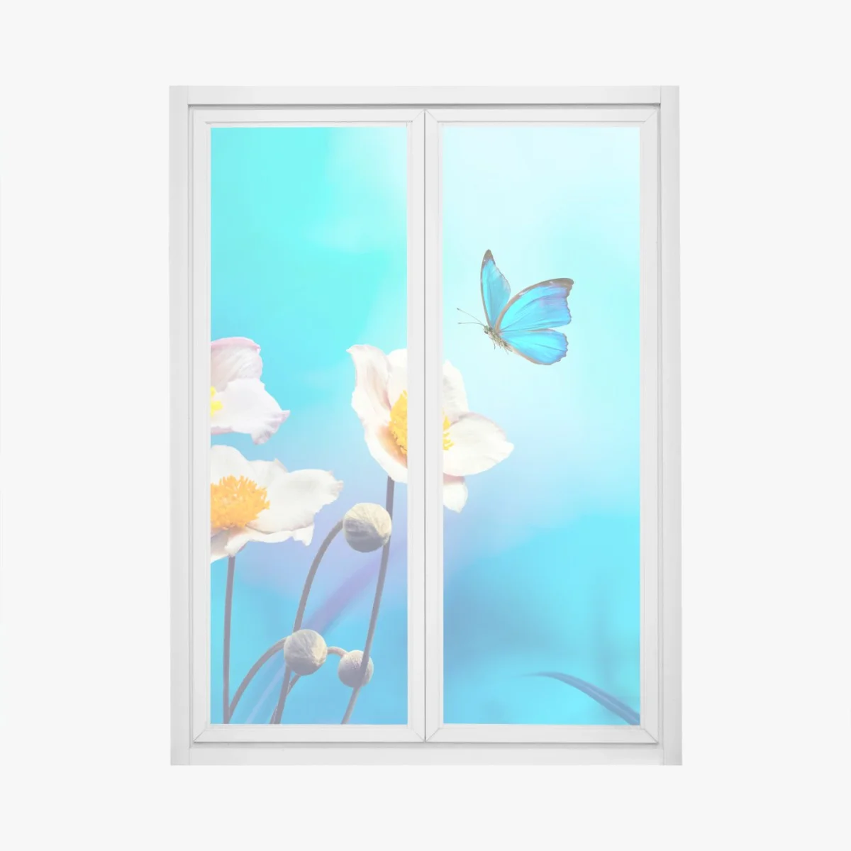 Adesivo per finestra anemoni rosa e farfalla blu su sfondo celeste • Wallissimo® Adesivo per finestra anemoni rosa e farfalla blu su sfondo celeste • Wallissimo®
