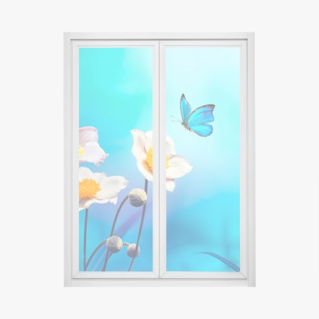 Adesivo per finestra anemoni rosa e farfalla blu su sfondo celeste • Wallissimo®