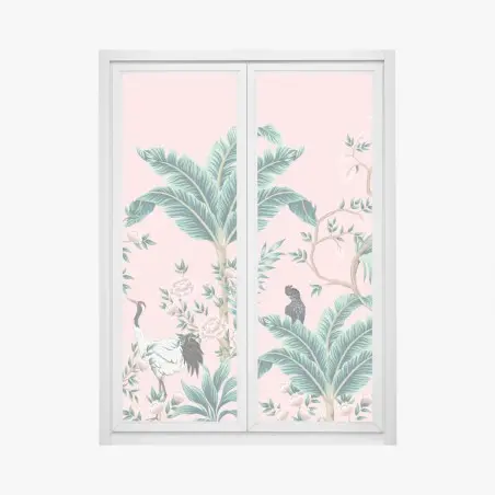 Adesivo per finestra giungla botanica e uccelli su sfondo rosa • Wallissimo®