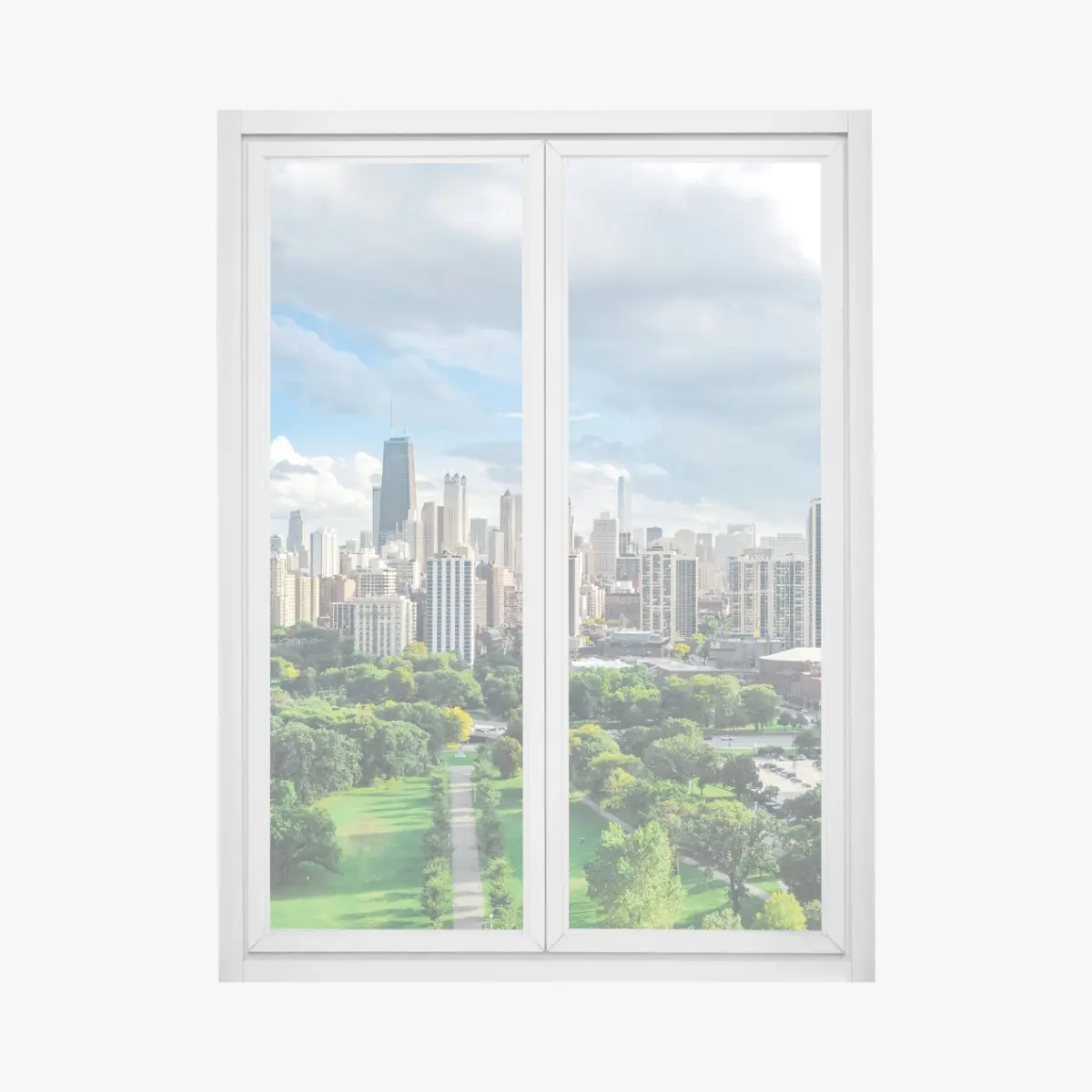 Adesivo per finestra panoramica urbana di Chicago con parco e lago • Wallissimo®