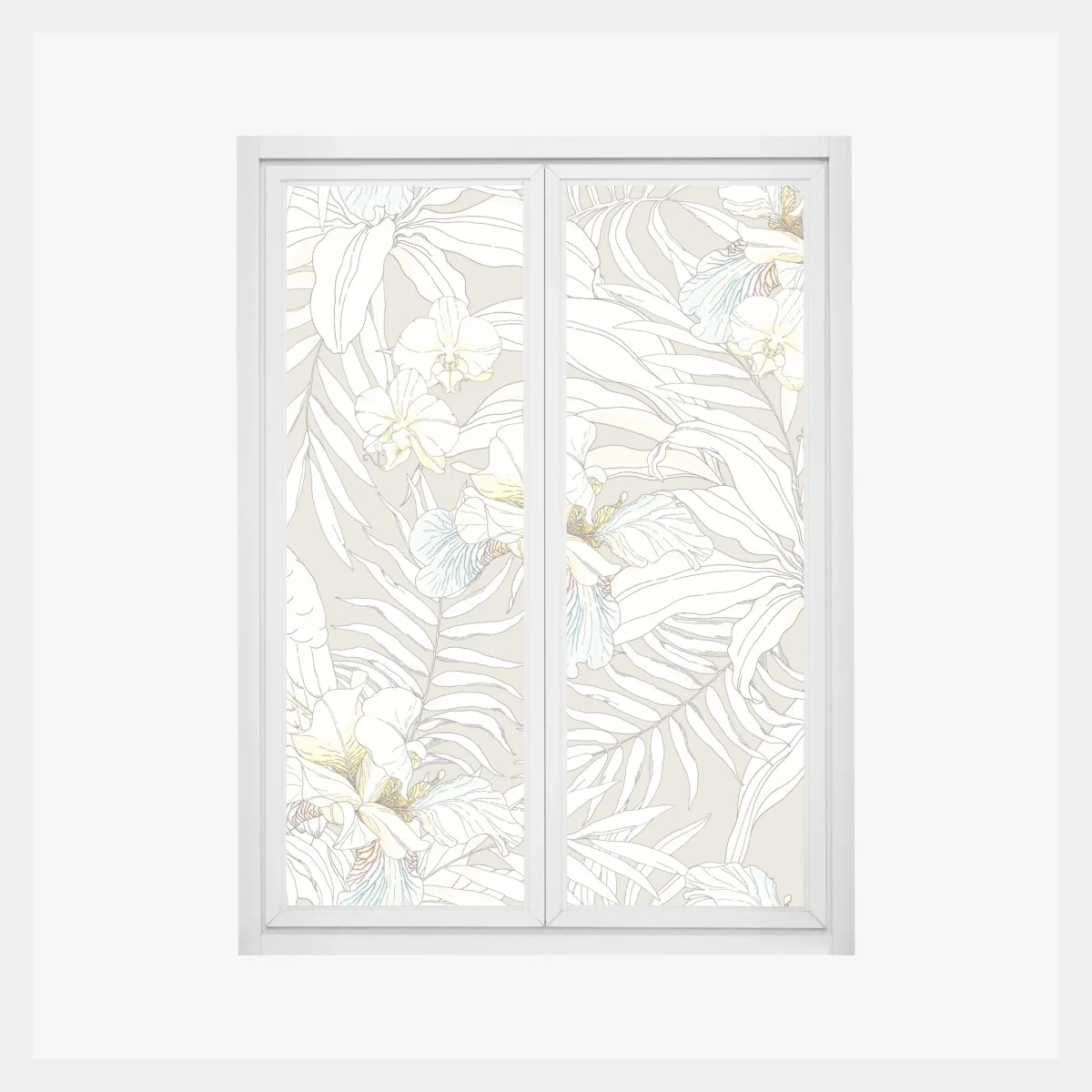 Adesivo per finestra cacatua e orchidee in motivo tropicale pastello • Wallissimo® Adesivo per finestra cacatua e orchidee in motivo tropicale pastello • Wallissimo®