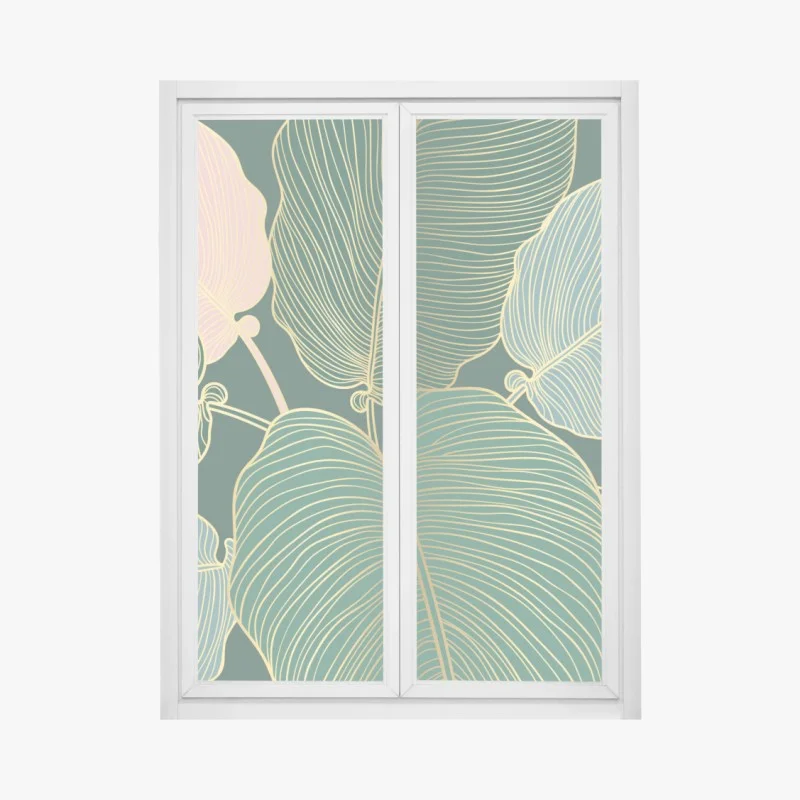Adesivo per finestra foglie tropicali dorate su sfondo verde