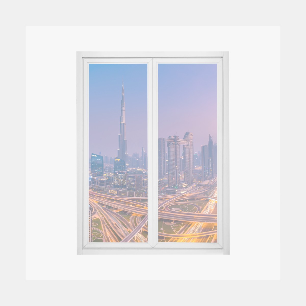 Adesivo per finestra panorama notturno di Dubai con skyline moderno • Wallissimo®