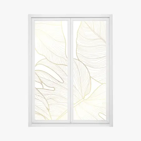Adesivo per finestra eleganza botanica: foglie dorate su sfondo bianco • Wallissimo®