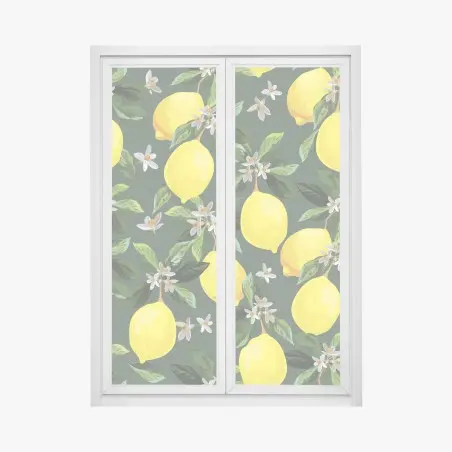 Adesivo per finestra stampa limoni e fiori su sfondo verde scuro • Wallissimo®