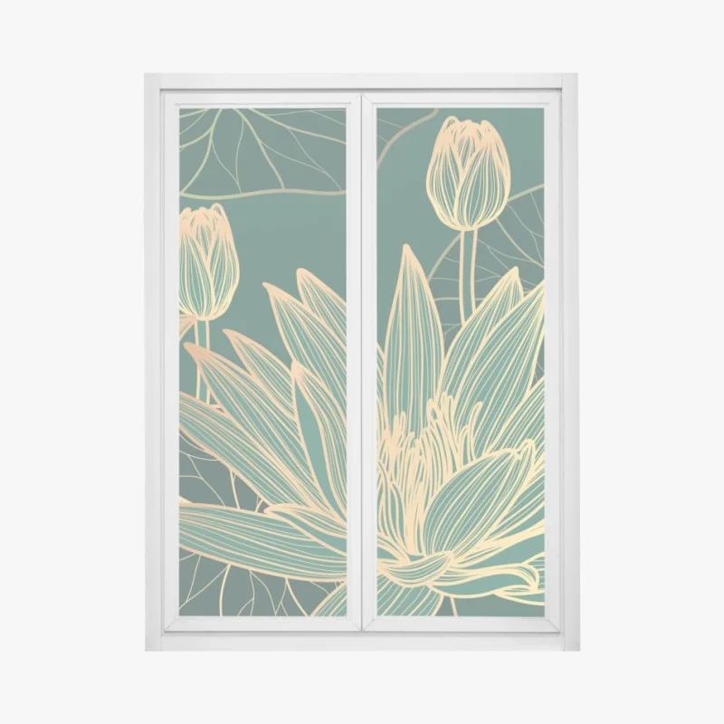 Adesivo per finestra ninfee dorate su sfondo verde