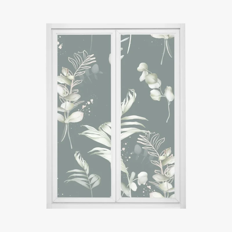 Adesivo per finestra rami di eucalipto con dettagli dorati su sfondo verde scuro